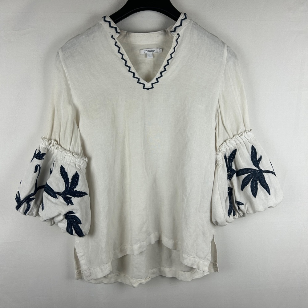 Chico's Cream and Navy Embroidered linen boho bell sleeve Blouse 0 read